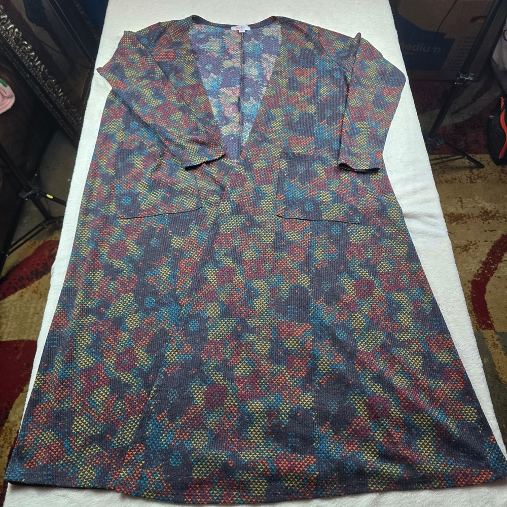 LuLaRoe Sarah Cardigan Large Open Front Duster Geometric Ribbed Knit Pockets
